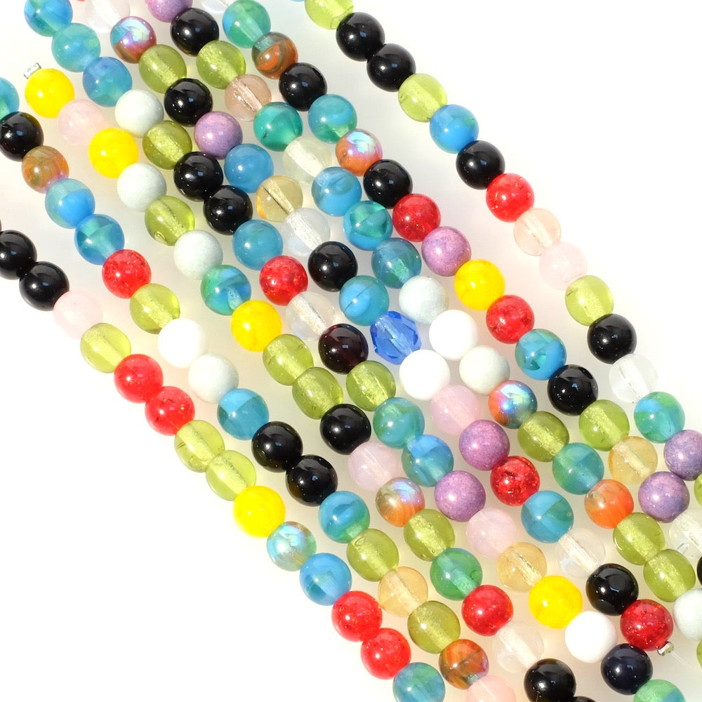 Fil de perles rondes en verre 6mm, mix de couleurs.
