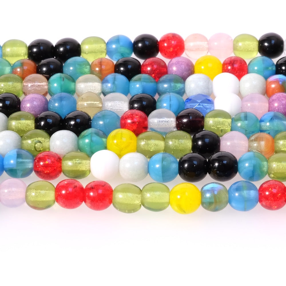 Fil de perles rondes en verre 6mm, mix de couleurs.