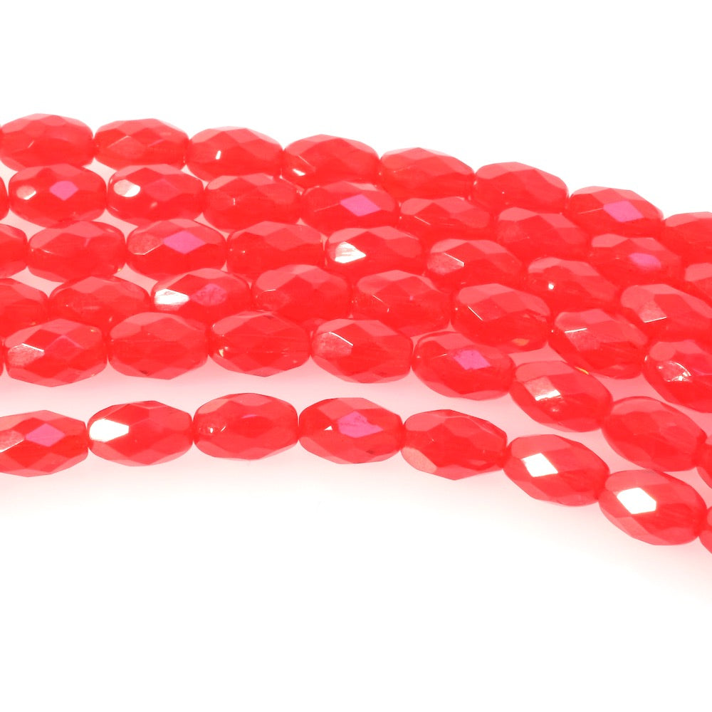 Fil de perles de Bohème olives facettées 9x6mm rouge transparent.