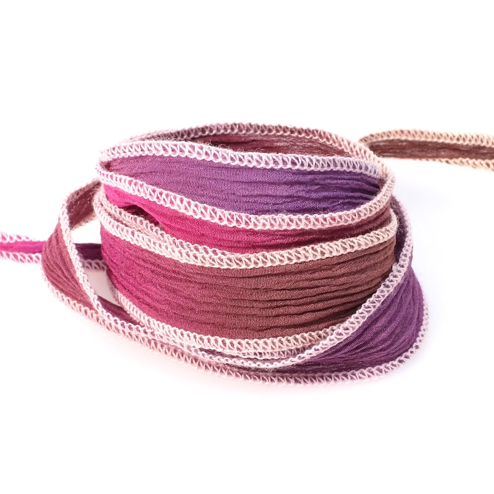 Ruban de soie teint à la main Tie and Dye violet pourpre couture rose clair