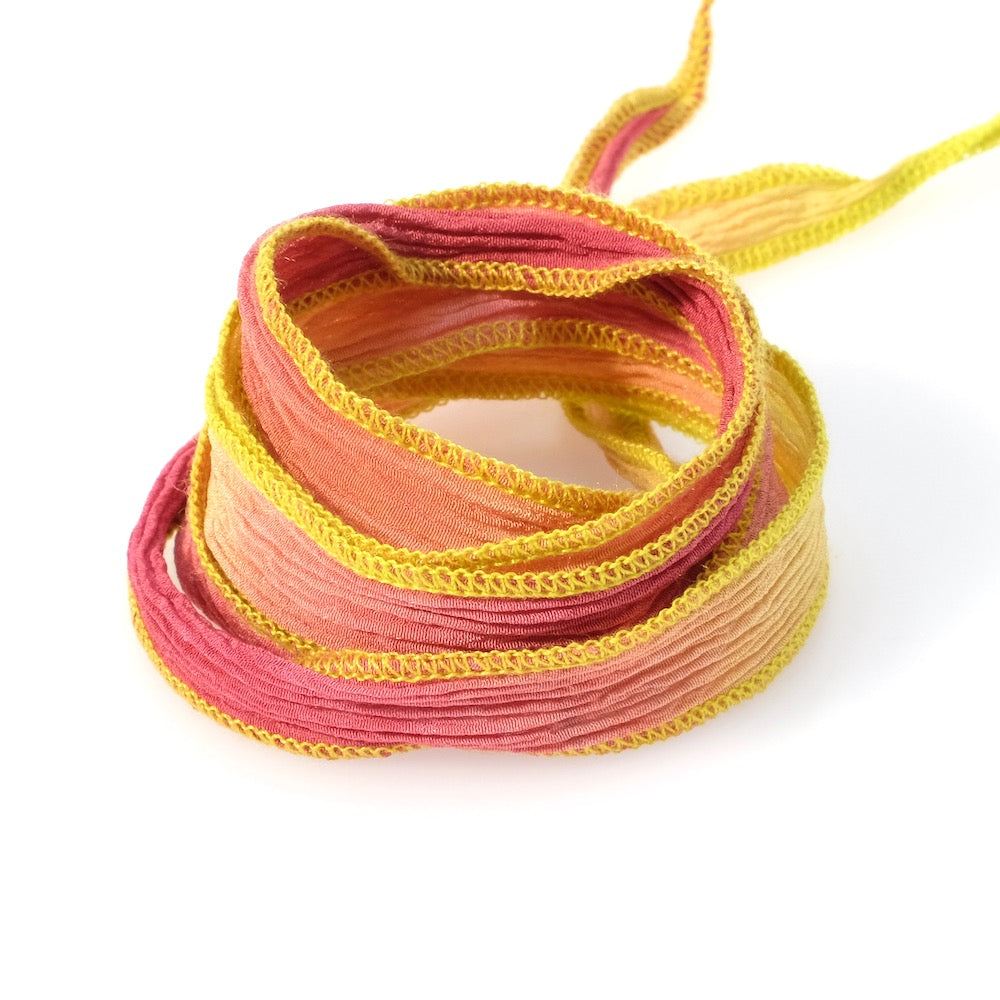 Ruban de soie teint à la main Tie and Dye jaune rose couture lime