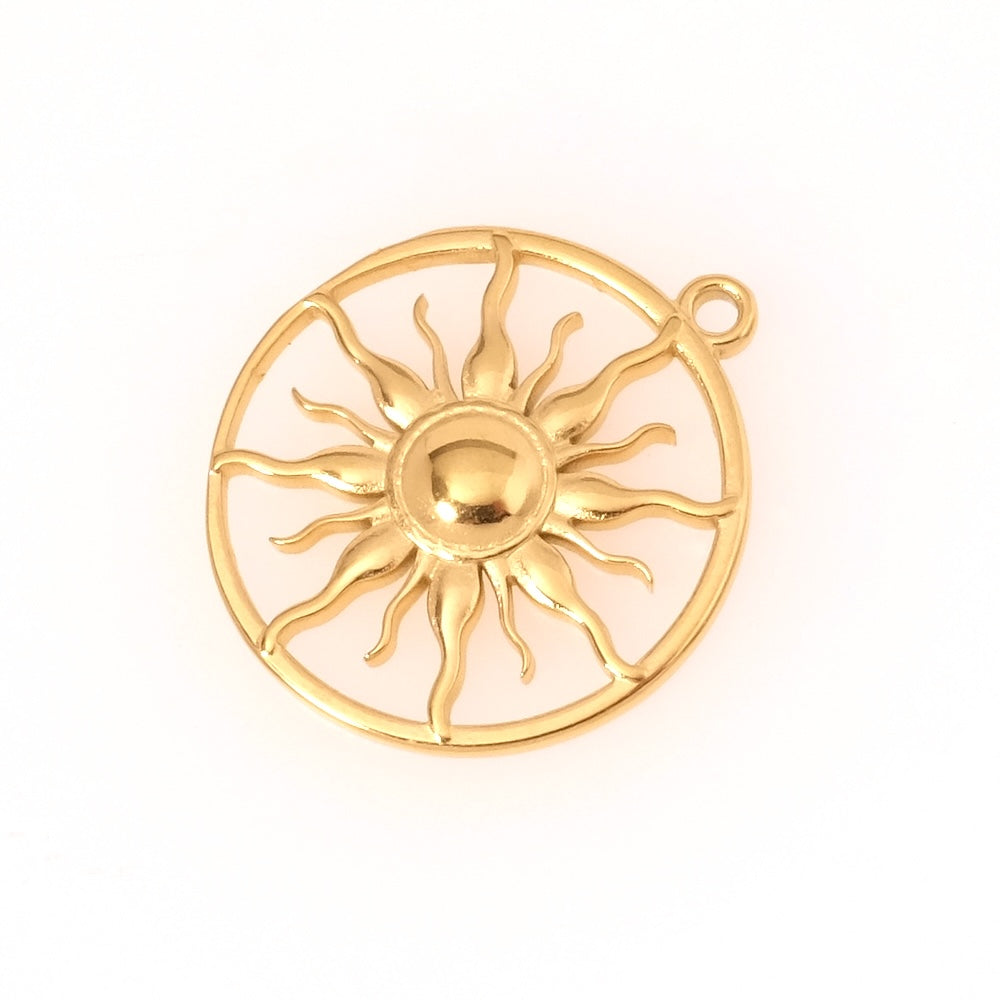 Pendentif rond soleil doré 18K en acier inoxydable.