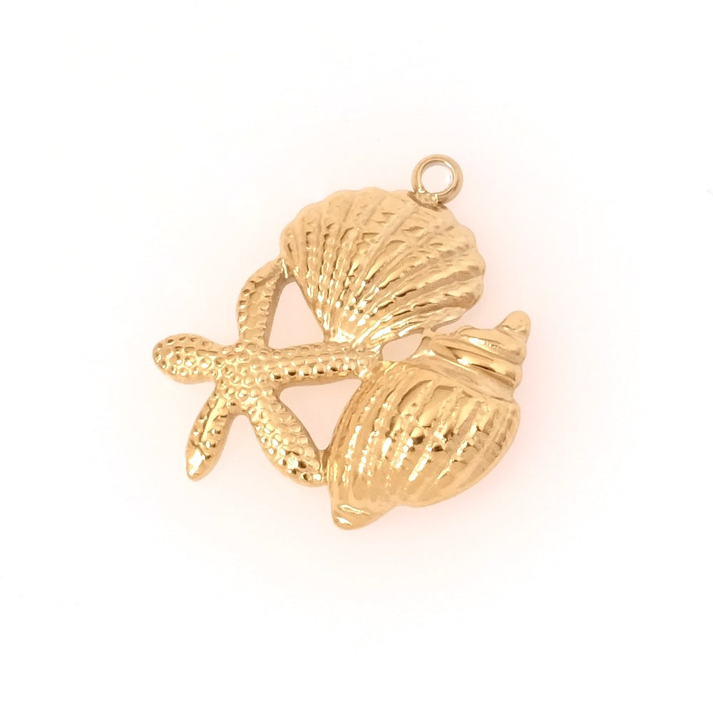 Pendentif doré 18K en forme d'étoile de mer et de coquillages.