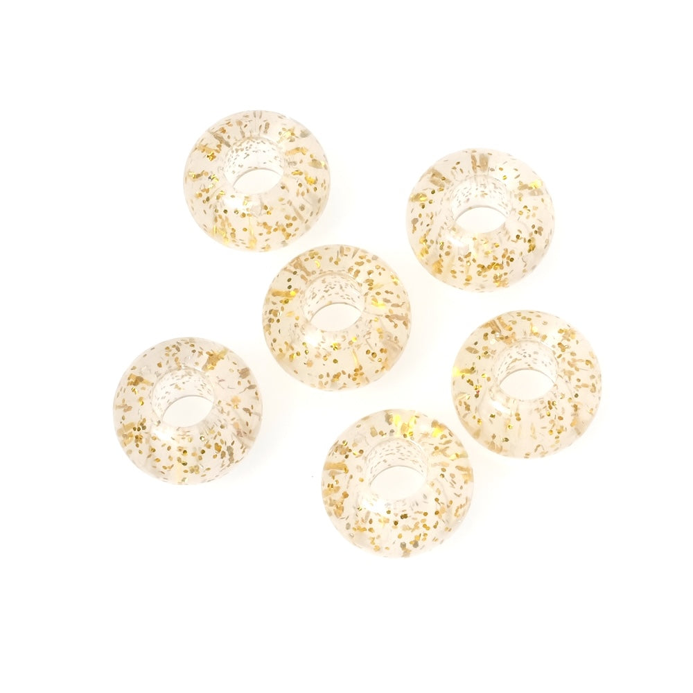 6 perles donuts transparentes en acrylique avec paillettes dorées.