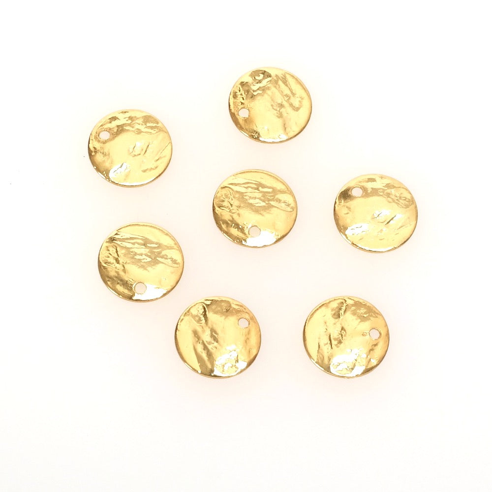 2 pendentifs ronds martelé 10mm en laiton doré à l'or fin 24K Premium