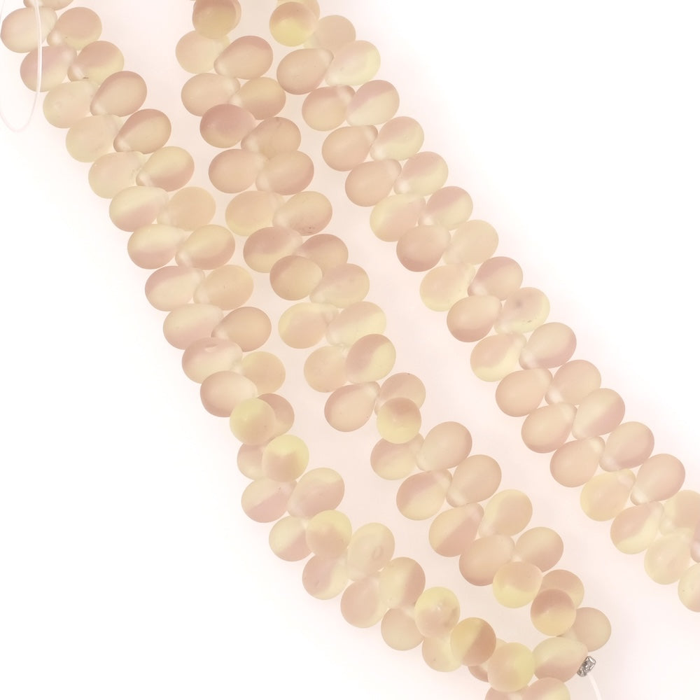 Fil de perles de Bohème gouttes 5x7mm nuances de vert et violet givré mat