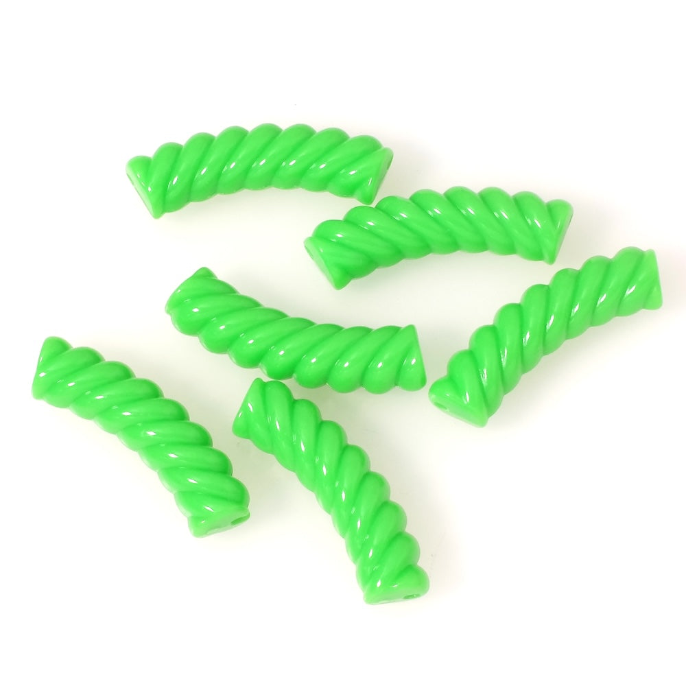 Six green opaque acrylic tube beads with a spiral effect.
