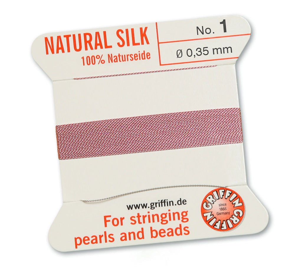 Fil de soie naturelle Griffin rose foncé de 0,35 mm sur une carte.
