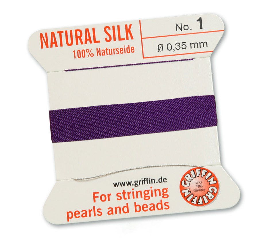 Fil de soie naturelle Griffin violet 0,35mm sur carte avec aiguille.