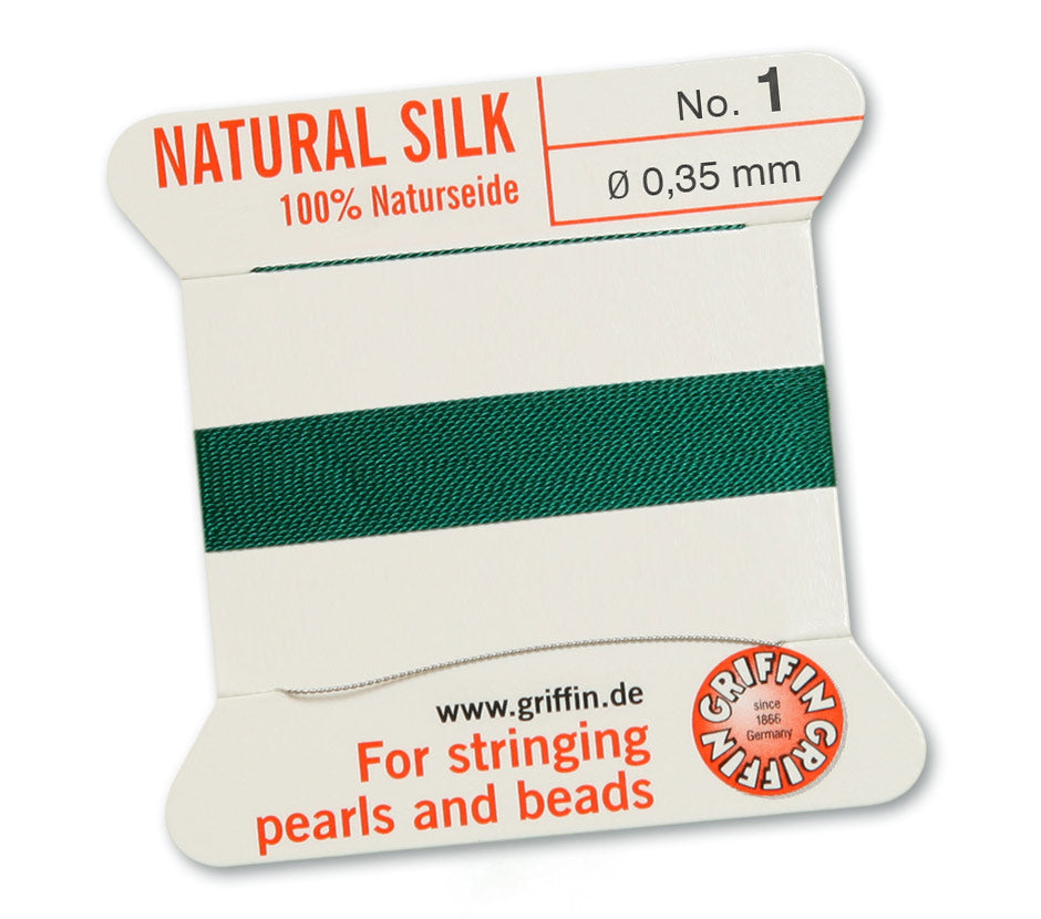 Fil de soie naturelle Griffin vert 0,35mm sur carte avec aiguille.