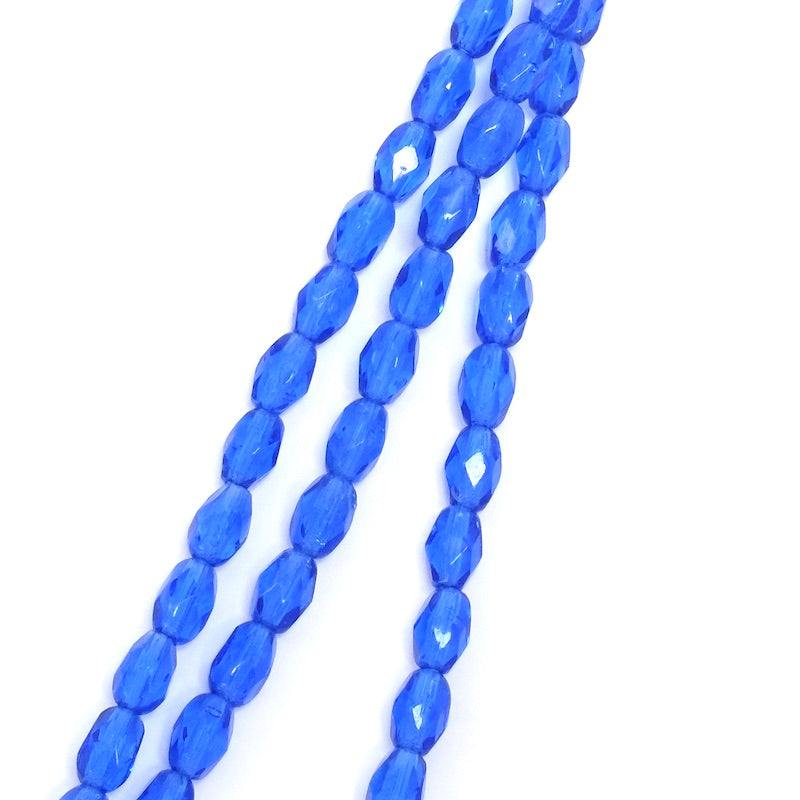 Fil de perles de Bohème olives facettées 6x4mm bleu électrique transparent.