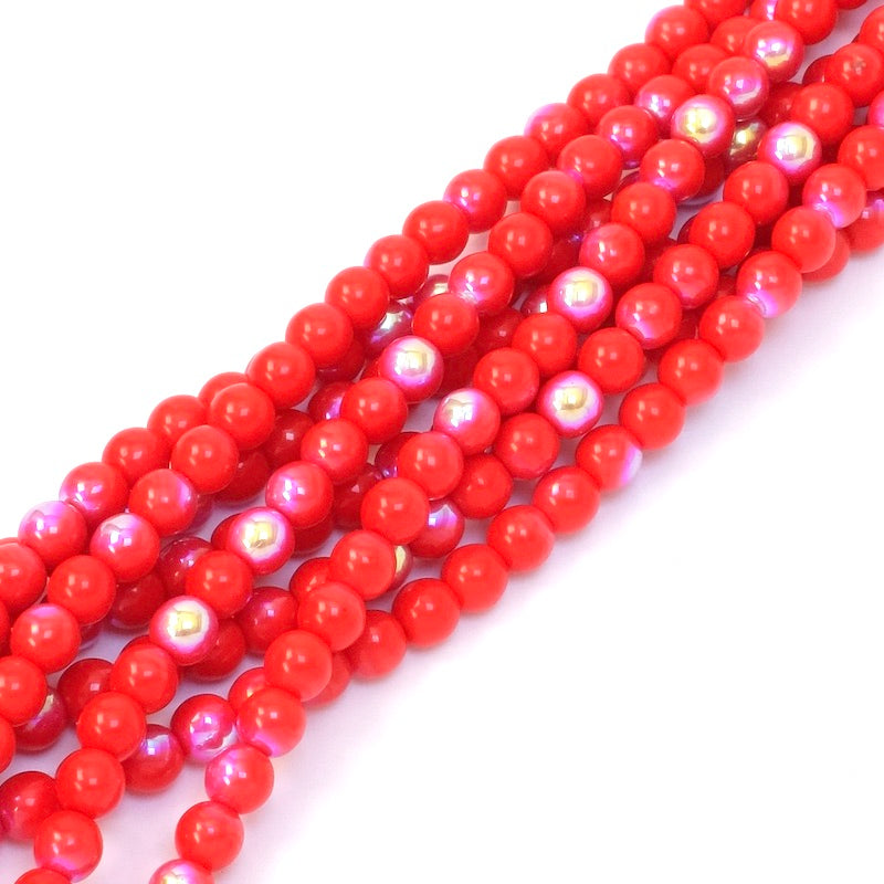 Fil de perles rondes 4mm rouge irisé AB opaque.