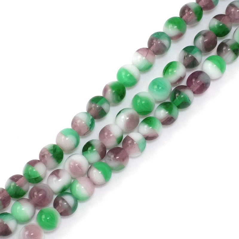 Fil de perles rondes 6mm en verre vert et violet.