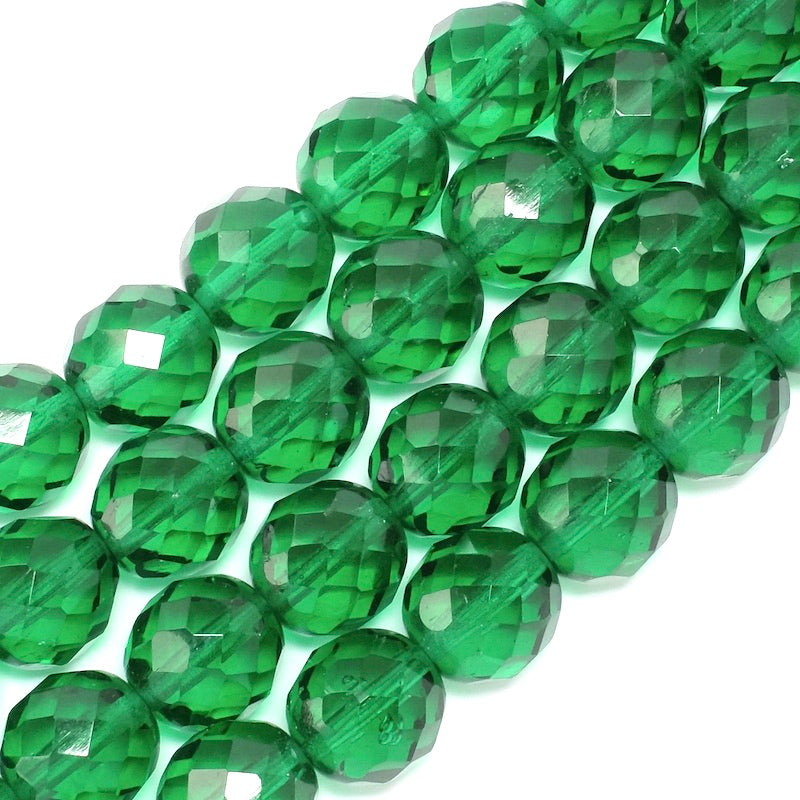 Fil de perles rondes facettées vert foncé de 12mm.