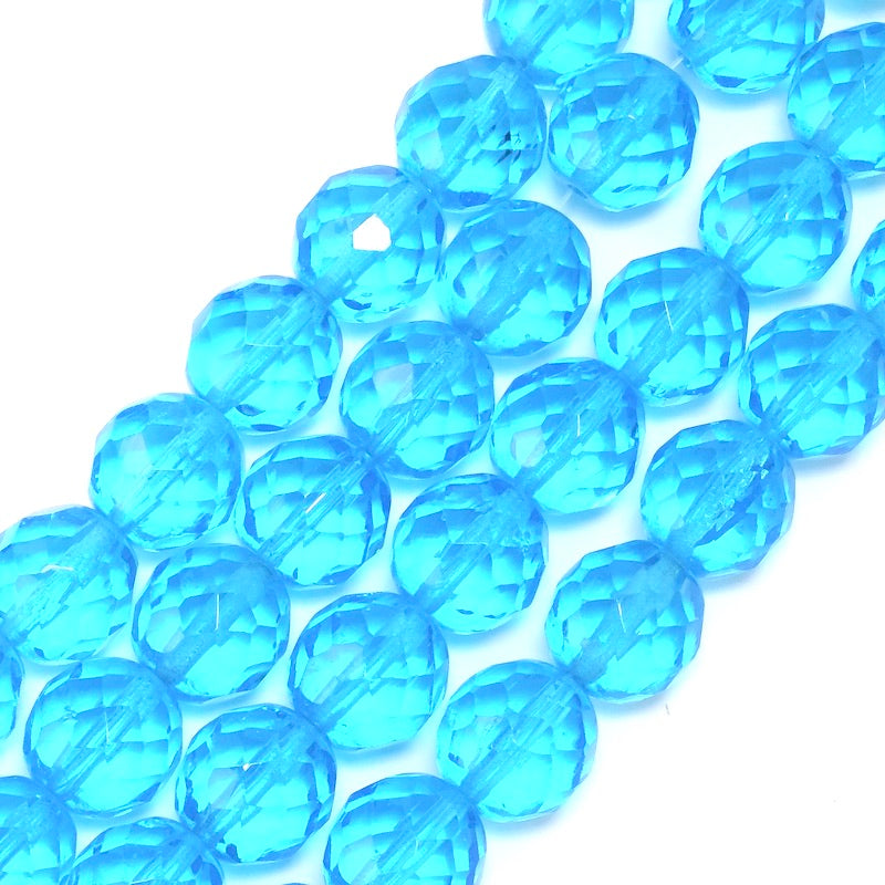Fil de perles rondes facettées bleues de 12mm.