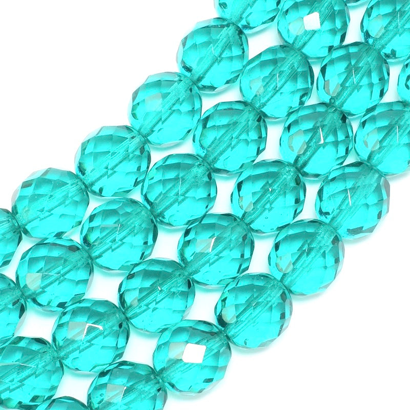 Fil de perles rondes facettées vert turquoise de 12mm.
