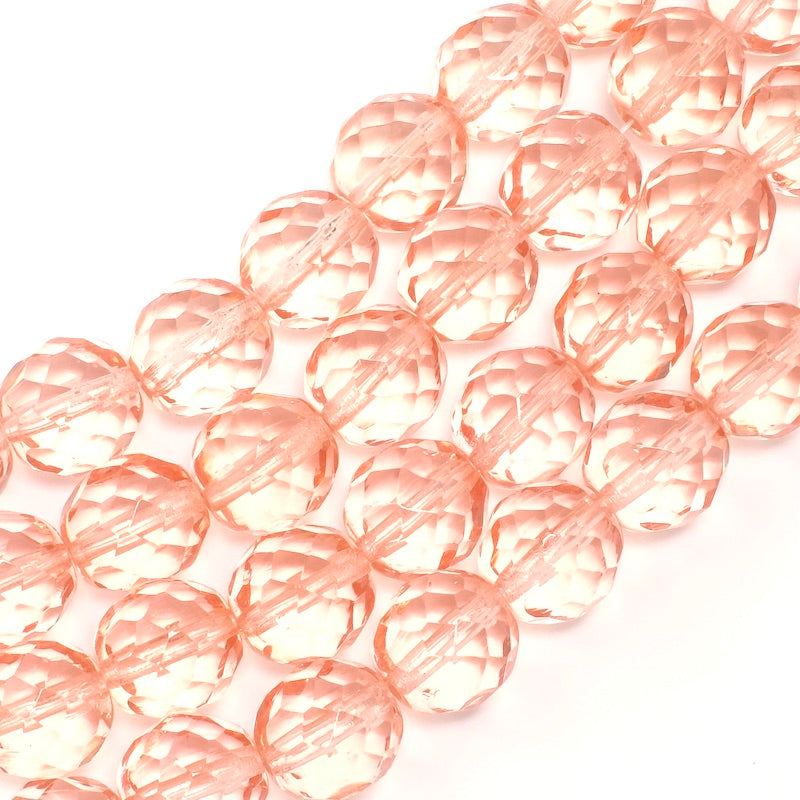 Fil de 8 perles rondes facettées pêche transparentes de 12mm.