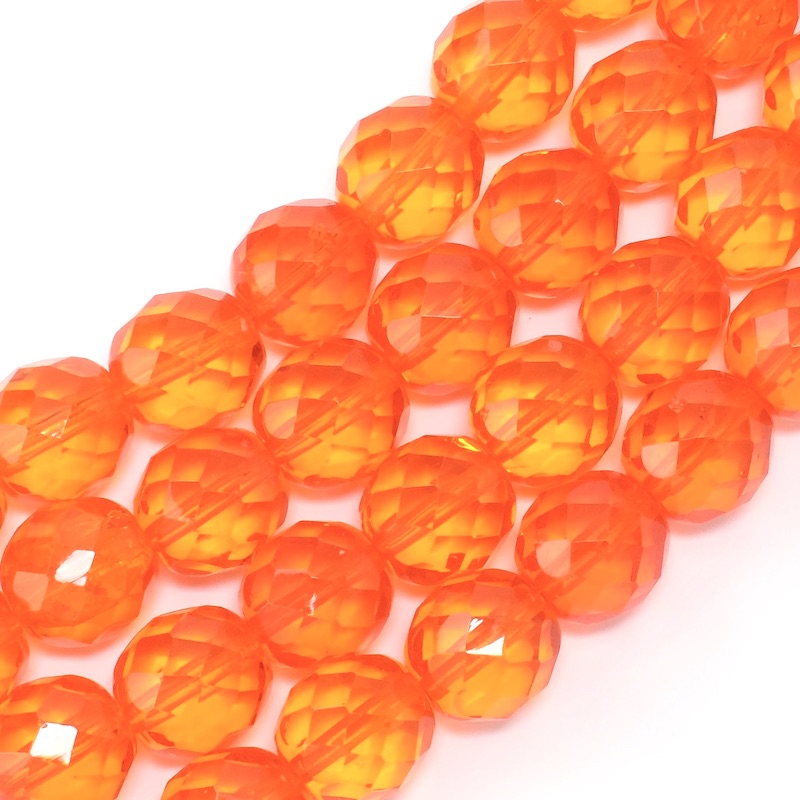 Fil de perles rondes facettées orange transparent de 12mm.