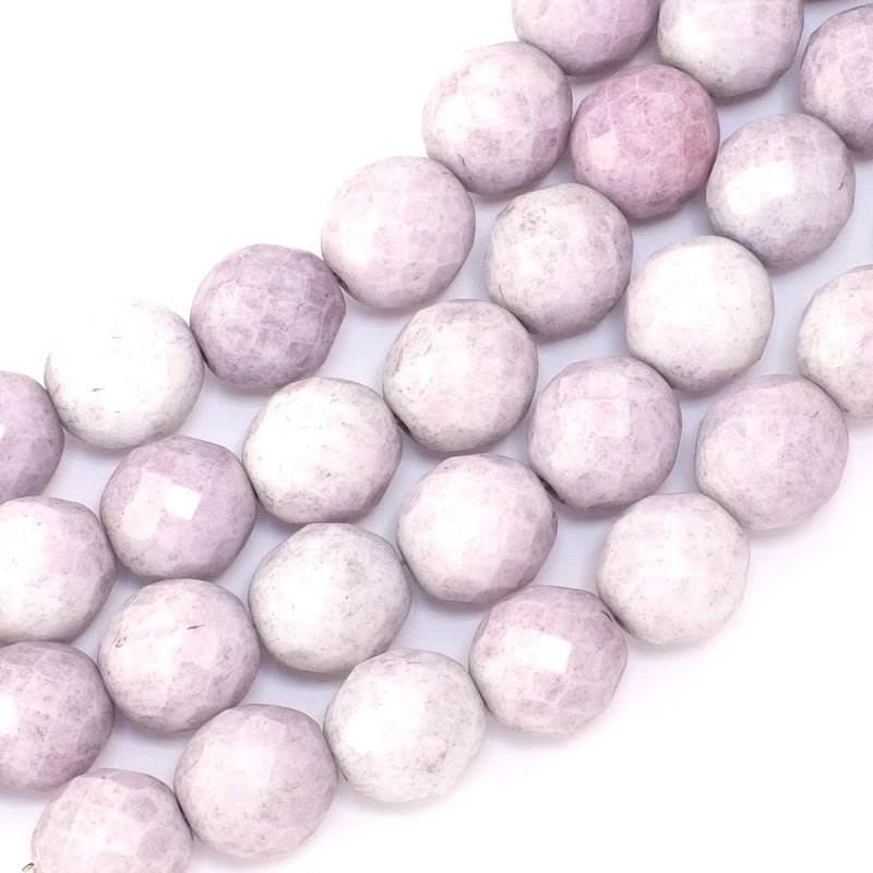 Fil de perles rondes facettées en verre, 12mm, aux nuances de violet et de blanc.
