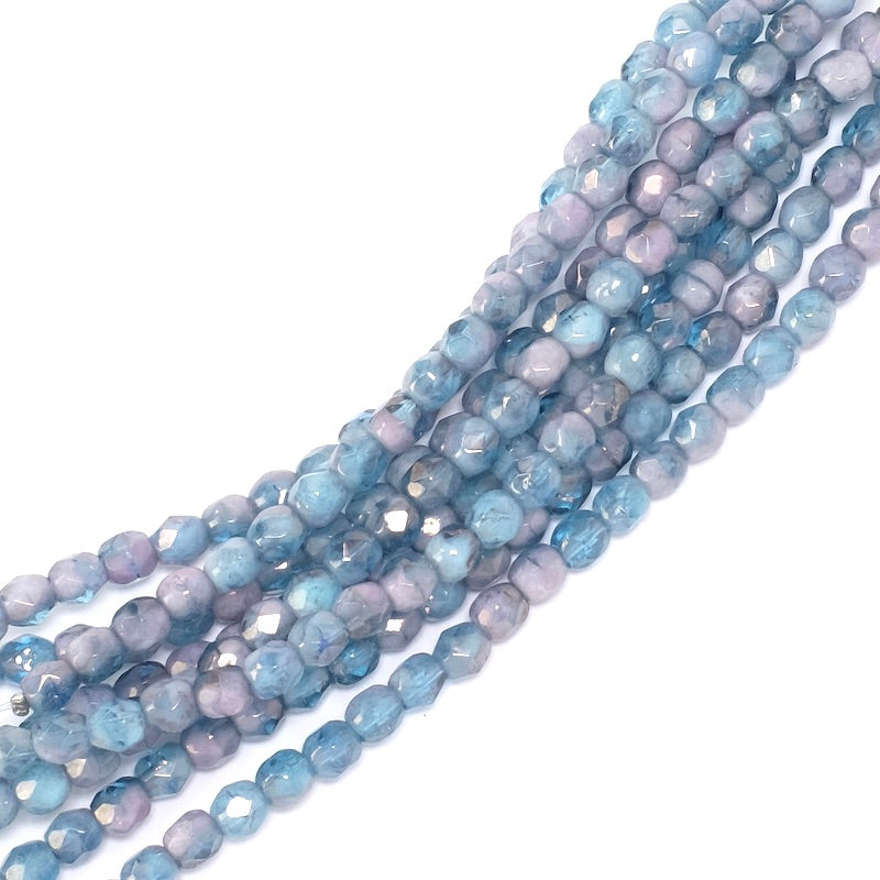 Fil de perles de Bohème rondes facettées 4 mm nuances de bleu et violet métallique