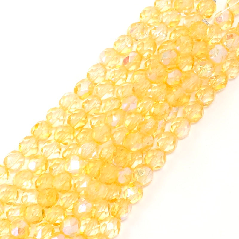 Fil de perles rondes facettées orange irisé AB de 6mm.