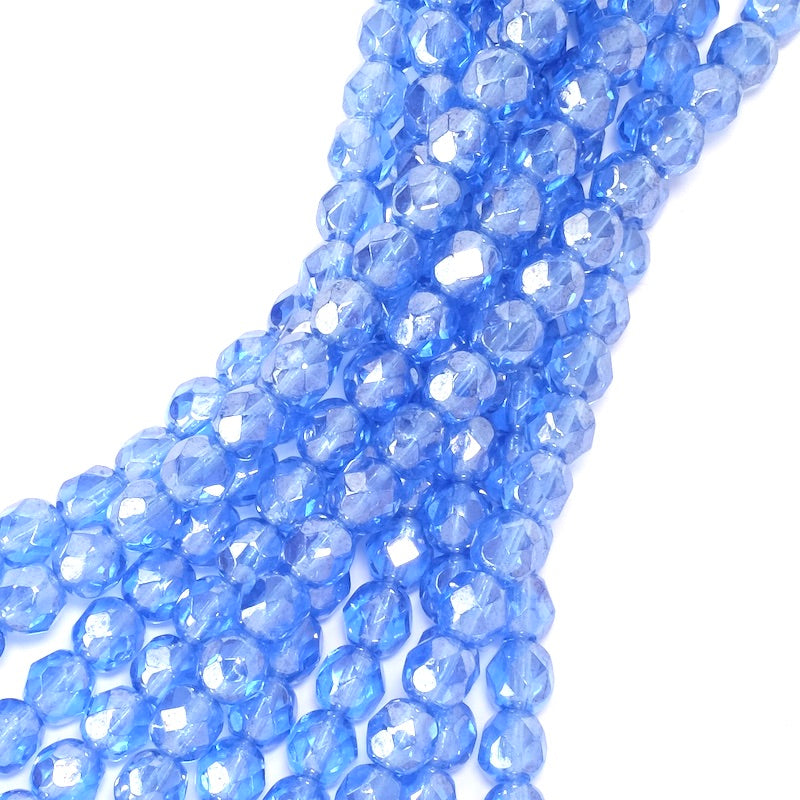 Fil de perles de Bohème rondes facettées 6mm bleu transparent métallisé
