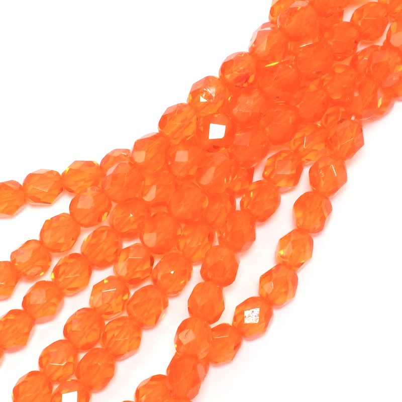 Fil de perles rondes facettées orange foncé de 6mm.