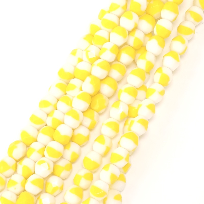 Fil de perles rondes facettées 6mm jaune et blanc.