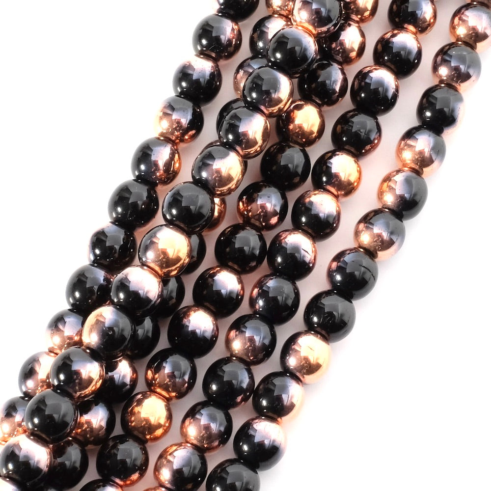 Fil de perles de Bohème rondes 6mm noir et cuivré
