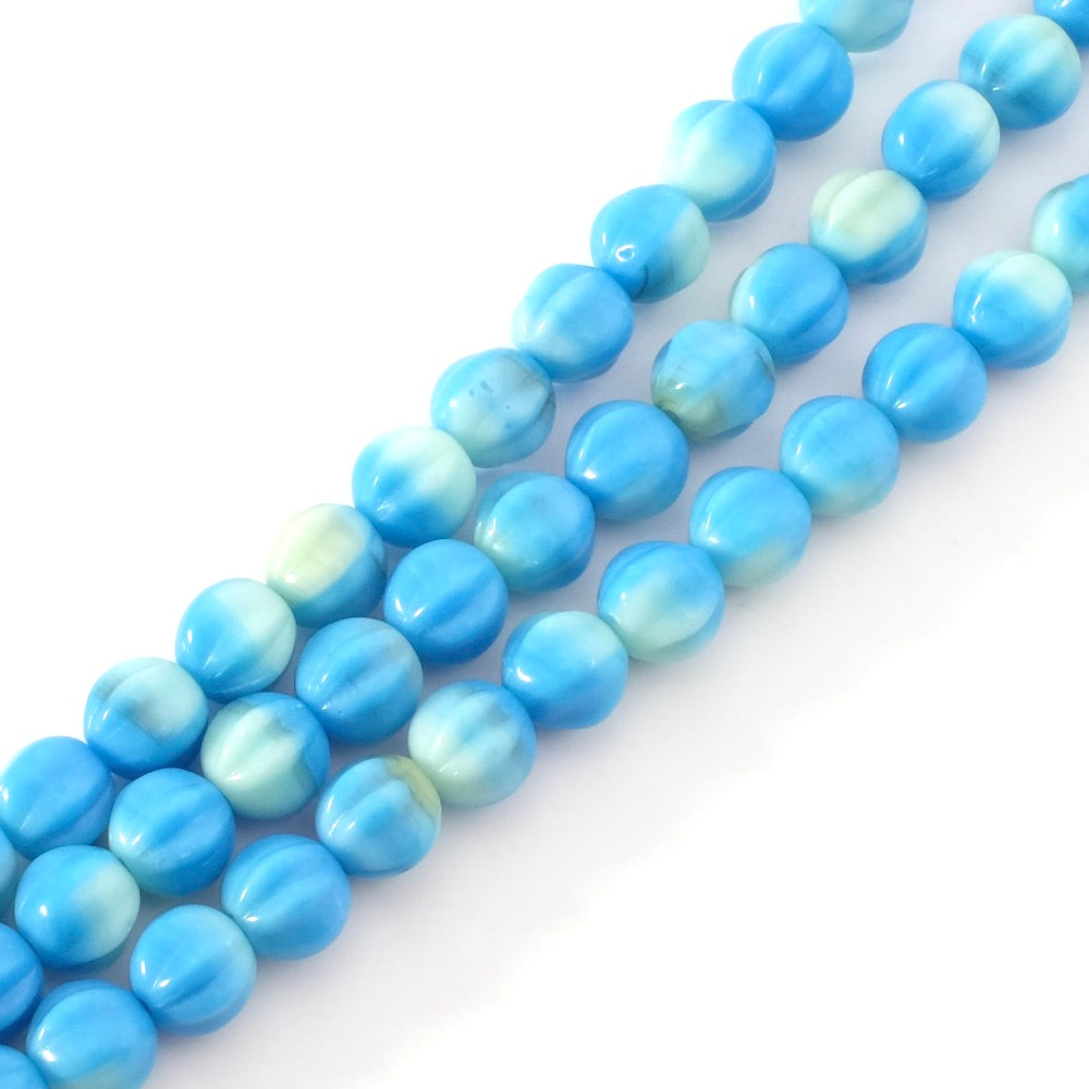 Fil de perles de Bohème rondes striées 6mm nuances de bleu