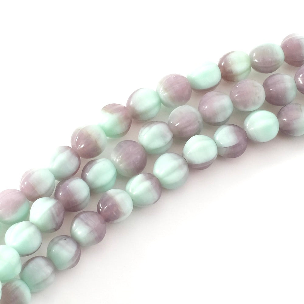 Fil de perles de Bohème rondes striées 6mm vert menthe et violet
