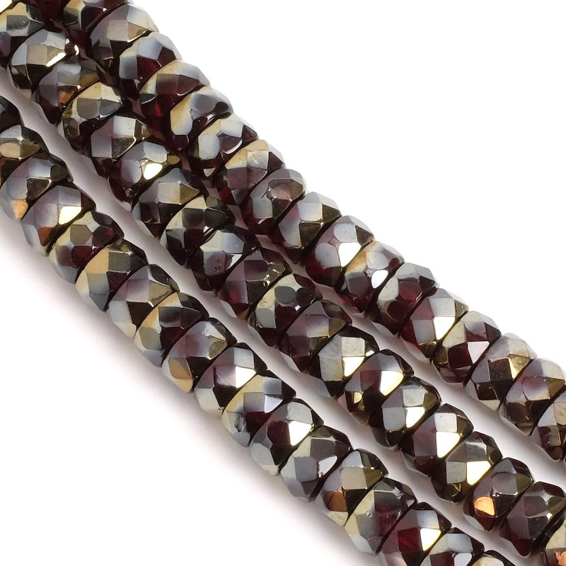 Fil de perles de Bohème rondelles facettées Bordeaux transparent doré 3x6mm