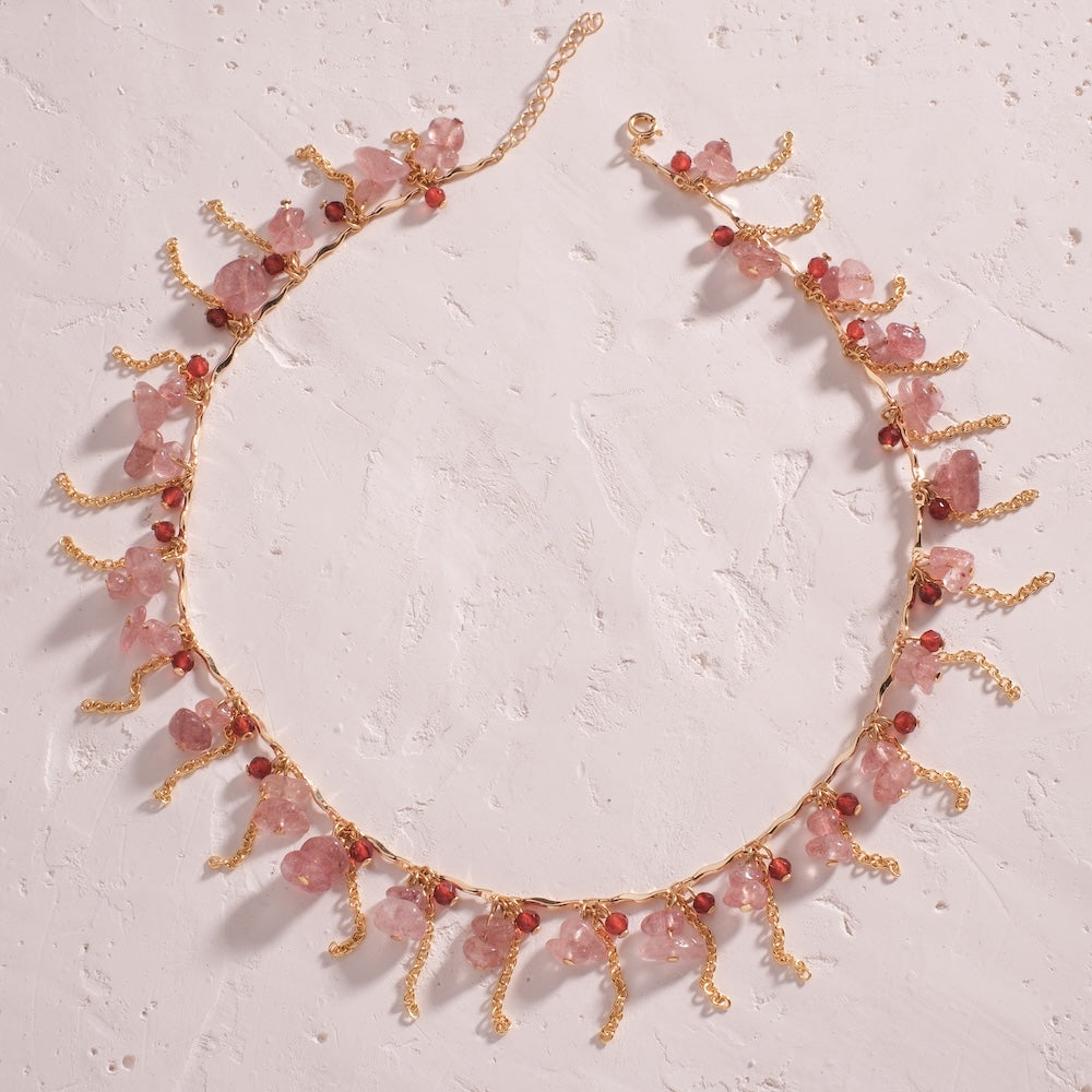 Collier chaîne Wave, quartz fraise & onyx rouge