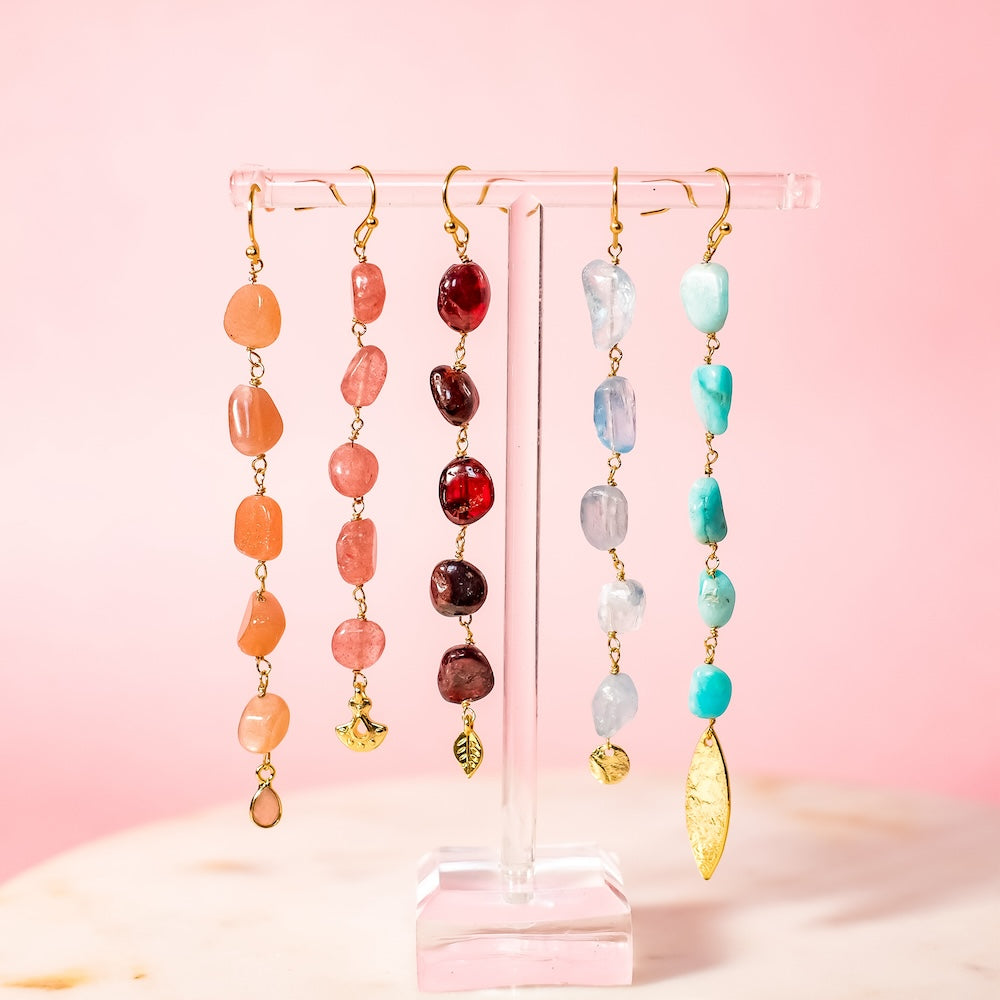 Boucles d'oreilles chaine rosaire en pierres naturelles