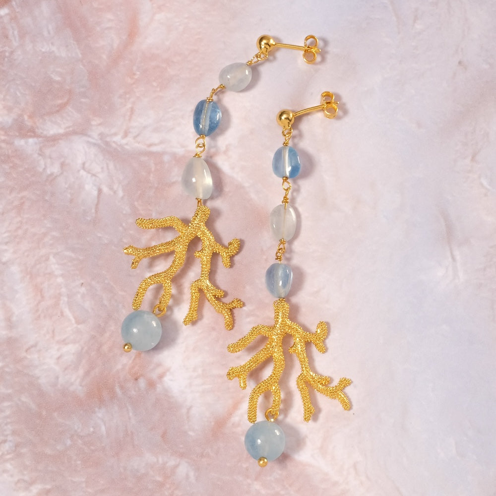 Boucles pendantes corail & Aigue-marine