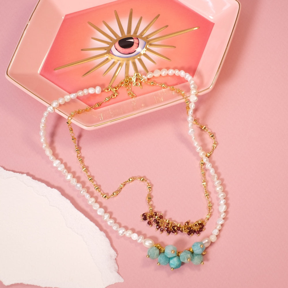 Bohemian multi-row necklace: garnet, amazonite & mother-of-pearl
