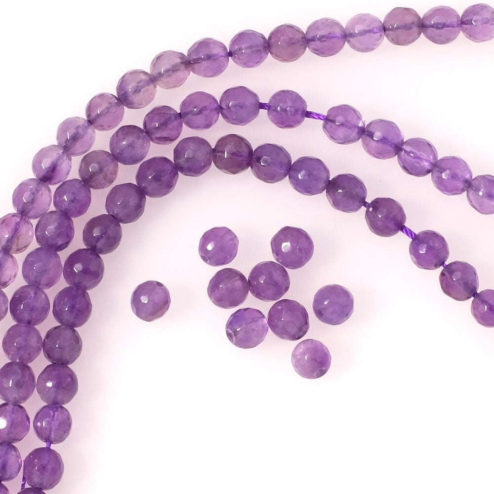 Fil de perles naturelles rondes facettées 6mm en Améthyste