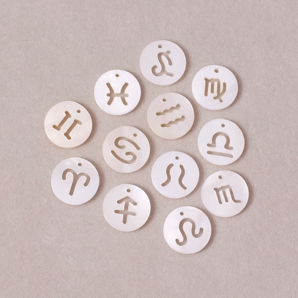 12 Pendentifs rond signes Astrologiques 12mm en nacre naturelle
