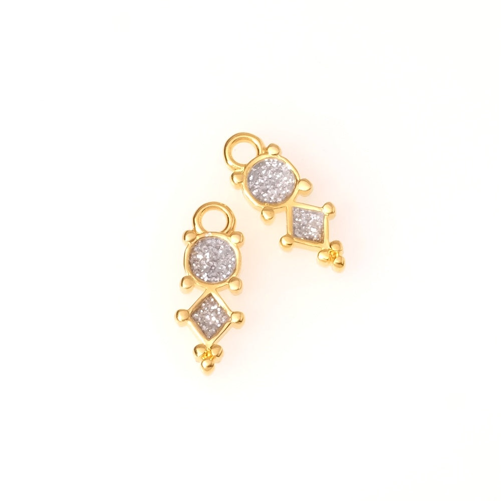 2 Pendentifs bohème émaillé pailleté argenté en Zamak doré 24K