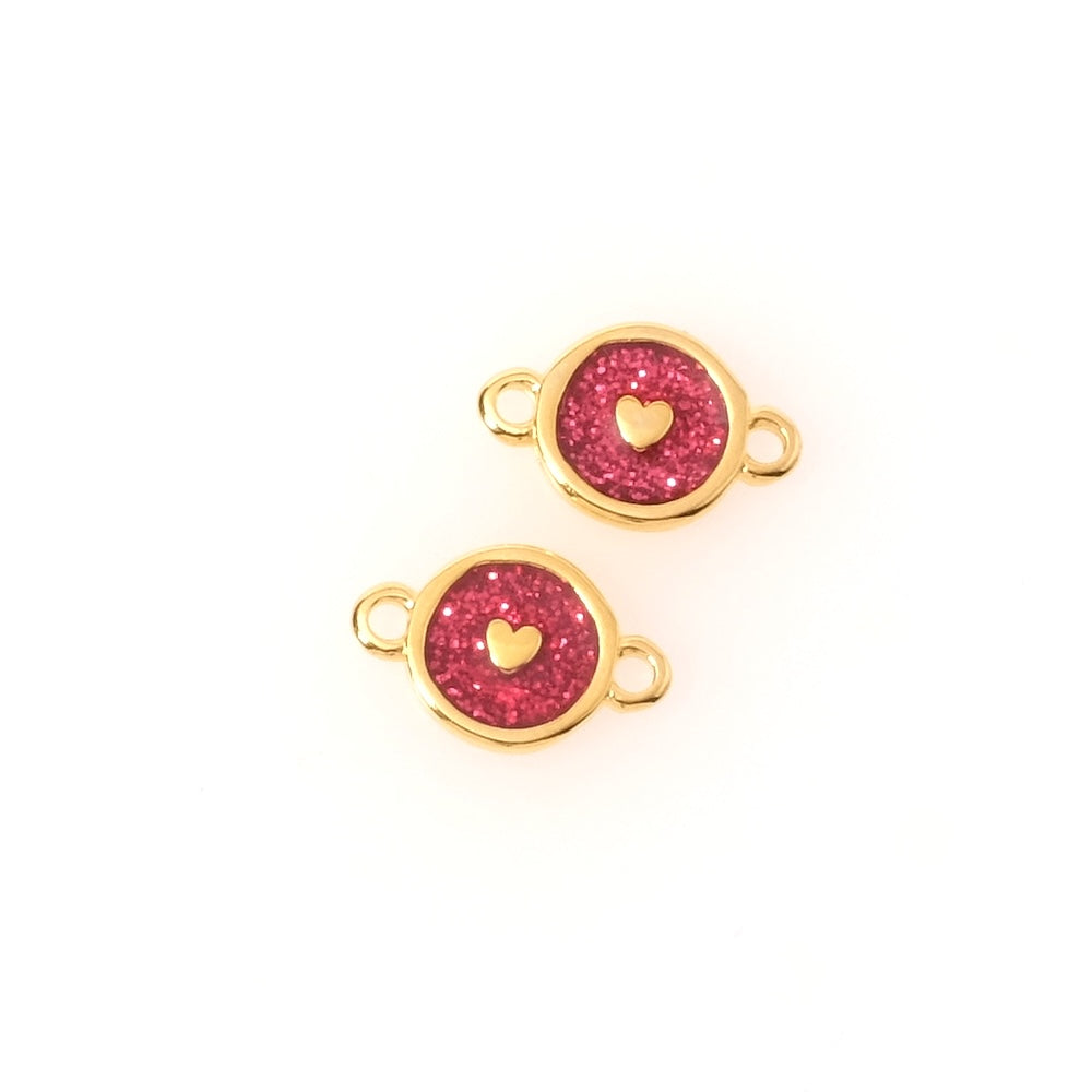 2 Pendentifs connecteurs coeur émaillé rouge pailleté en Zamak doré 24K