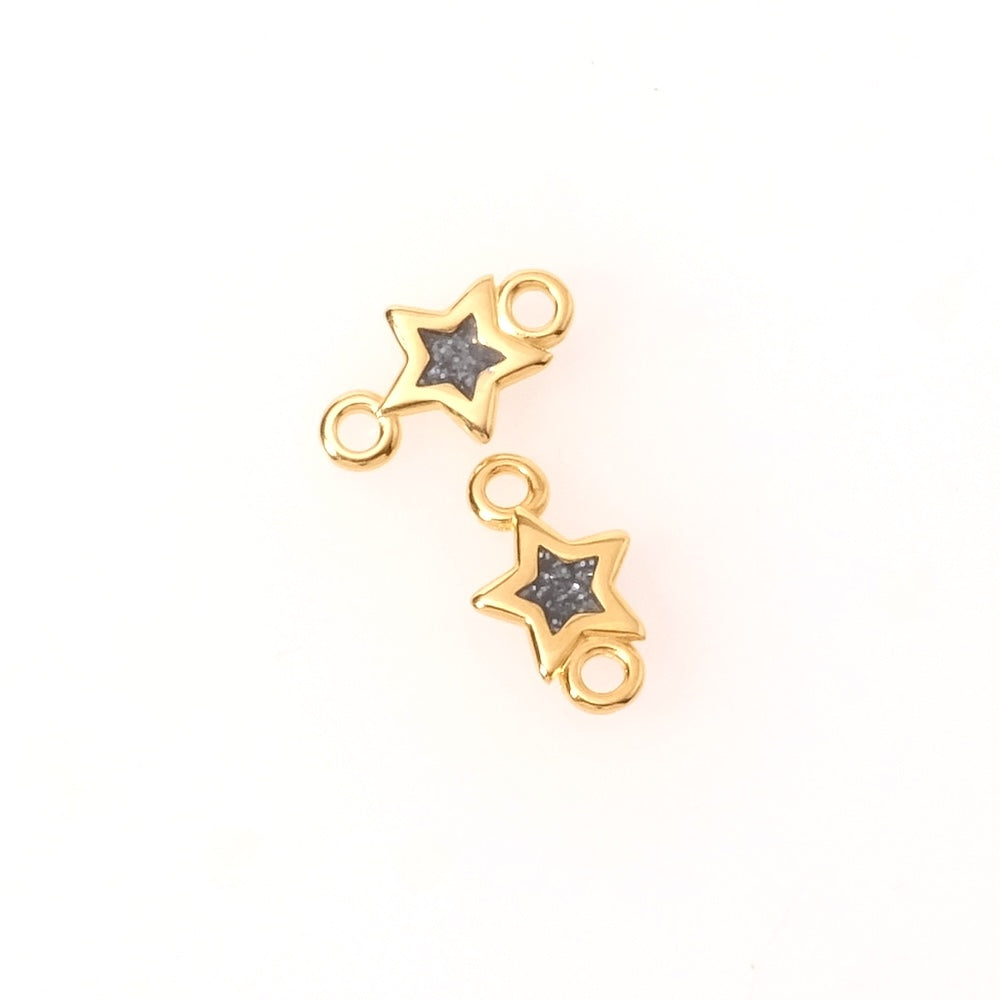 2 Pendentifs connecteurs étoile émaillé noir pailleté en Zamak doré 24K