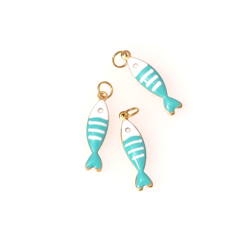 2 Pendentifs poisson émaillé turquoise blanc en acier inoxydable 304 Doré 18K