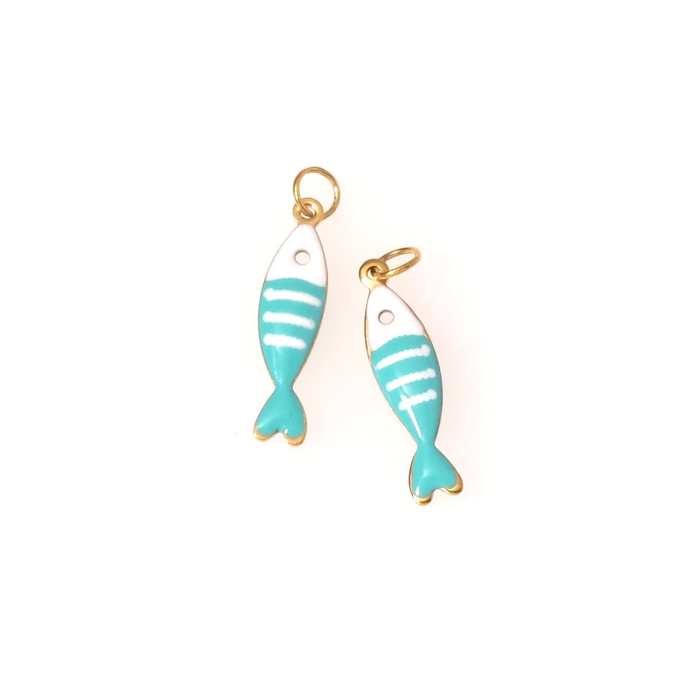 2 Pendentifs poisson émaillé turquoise blanc en acier inoxydable 304 Doré 18K