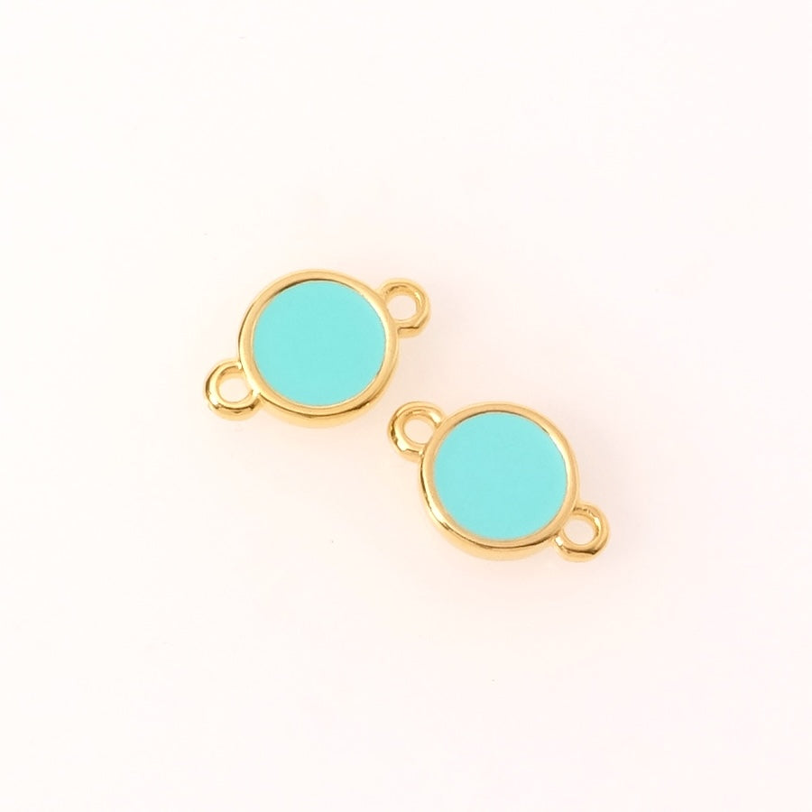 2 connecteurs ronds émaillés turquoise en Zamak doré Or 24K