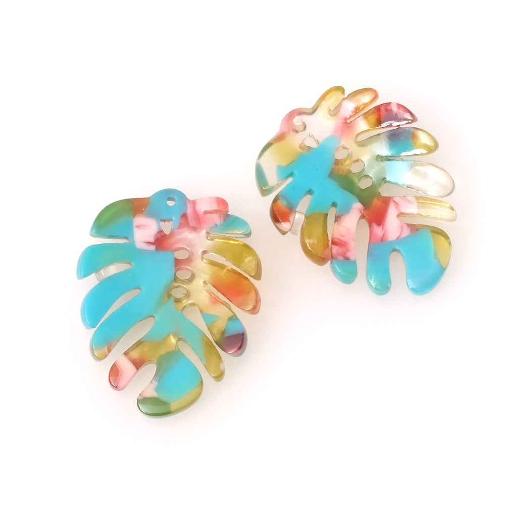2 pendentifs feuille de Monstera en acétate mix Turquoise rouge