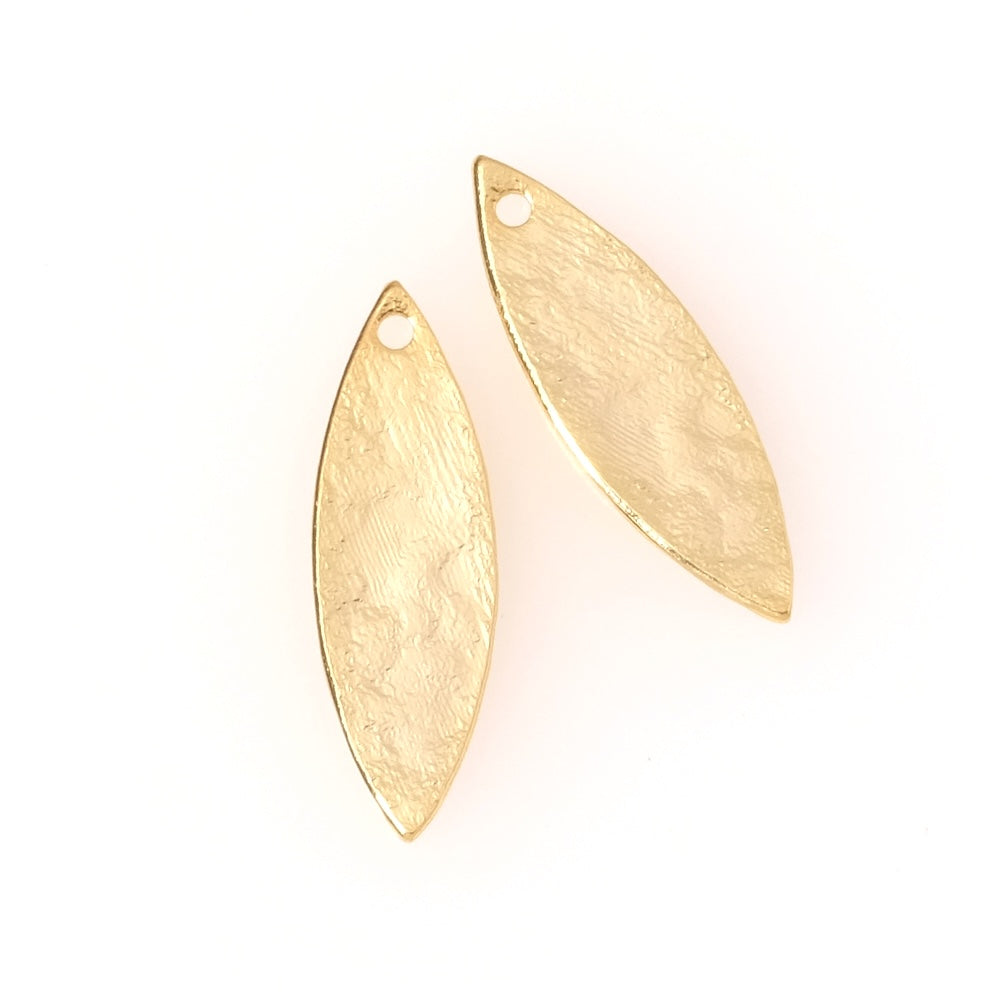 2 pendentifs navettes 23mm texture granite en laiton doré à l'or fin 24K Premium