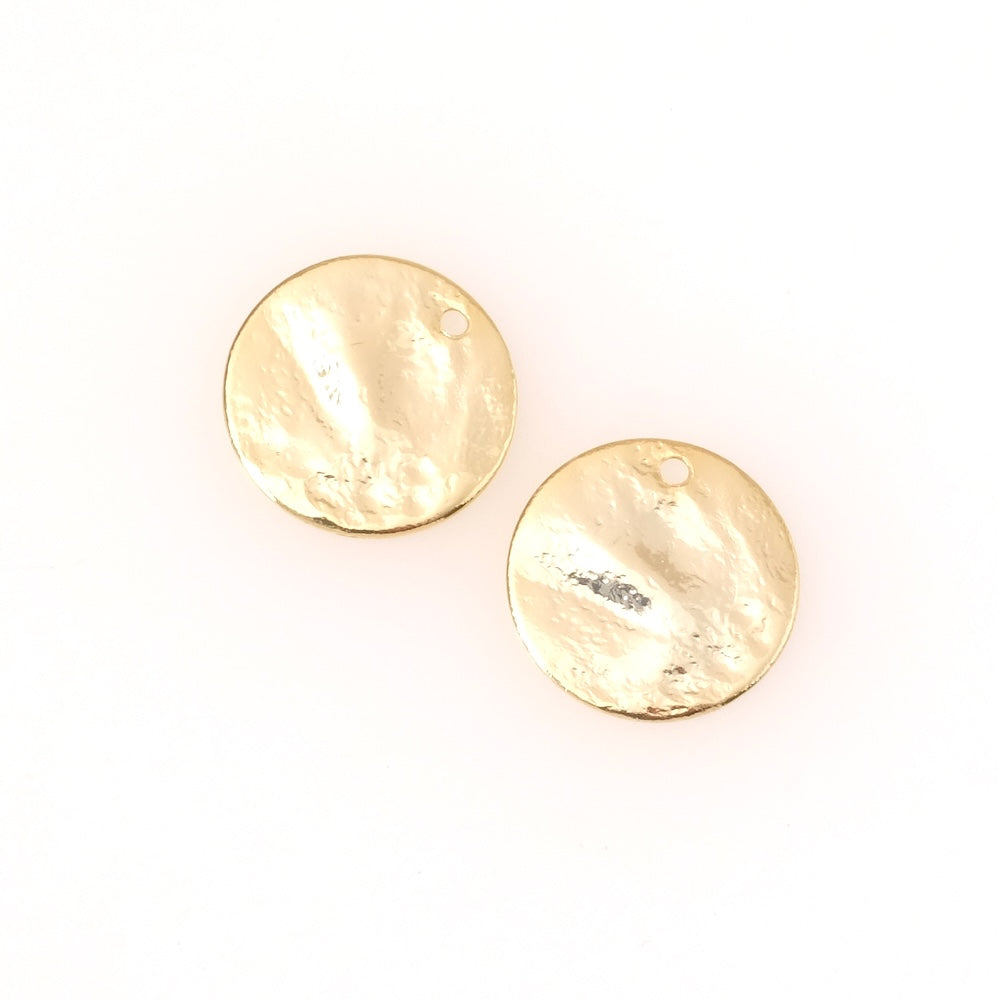 2 pendentifs ronds martelé 15mm en laiton doré à l'or fin 24K Premium