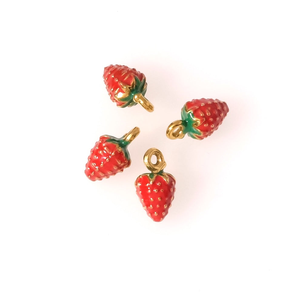 2 petits Pendentifs fraise émaillée en acier inoxydable 304 Doré 18K