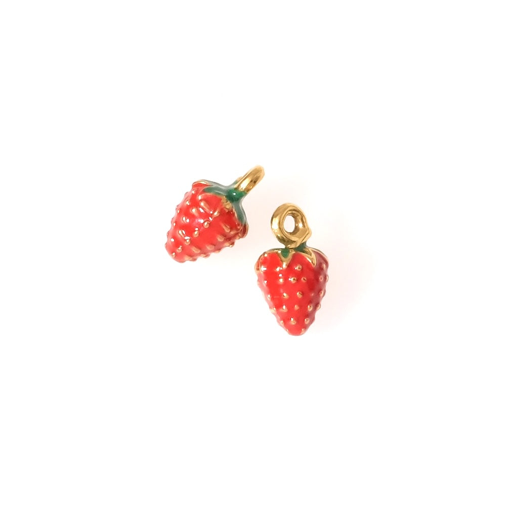 2 petits Pendentifs fraise émaillée en acier inoxydable 304 Doré 18K