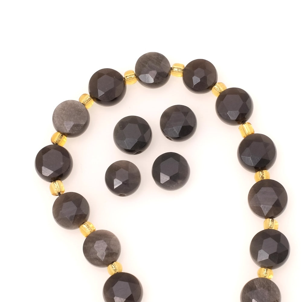4 perles naturelles palet rond facetté 10mm Obsidienne argentée